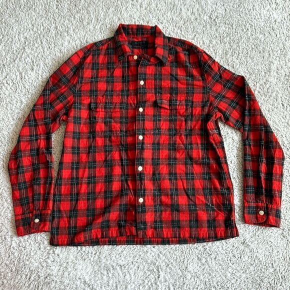 AllSaints Duane LS Relaxed Fit Check Flannel Button-Up Shirt in Red - L - Picture 1 of 5